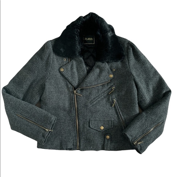 LaPense charcoal grey wool herringbone bike jacket/winter coat with fur collar - Picture 1 of 11